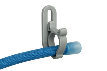 Hydration pack tube clip holding drinking hose