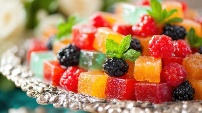Fruit jelly sits on a silver platter. The jelly is in different colors. Fresh berries are on top. The scene shows a festive display.