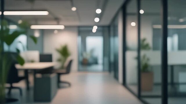 Blurred Modern Office Interior Background with Green Plants, Empty Desks and Glass Partitions, Contemporary Workspace
