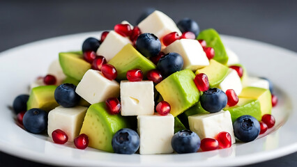 Fresh avocado and cheese salad with blueberries and pomegranate