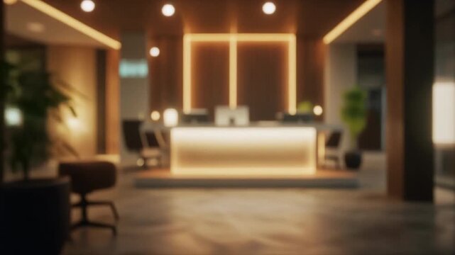 Blurred Modern Hotel Lobby or Office Reception Area with Warm Ambient Lighting and Wooden Decor, Contemporary Entrance