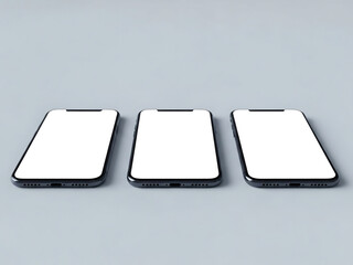 Three modern smartphones with blank screens on a gray background