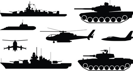 Obraz premium Military combat vehicle silhouettes including warships tanks submarines helicopters and aircraft, modern armed forces equipment isolated on white background for defense and warfare concepts