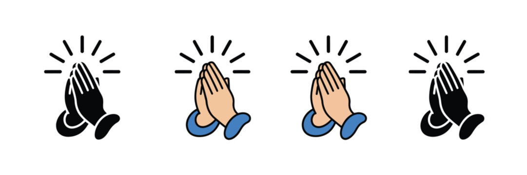 Prayer and respect icon set featuring hands praying icons, religion and prayer symbols, linear pattern on white background, representing gratitude, devotion, spirituality, and vector illustration 