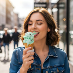 Young woman enjoying mint chocolate chip ice cream on a sunny day in a city street