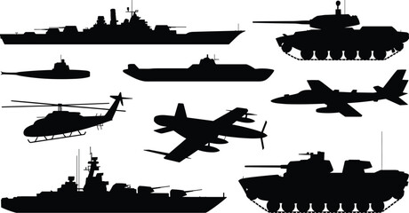 Military vehicle silhouettes collection featuring warships tanks submarines helicopters and fighter aircraft, modern armed forces combat equipment isolated on white background for defense and security © Shirina