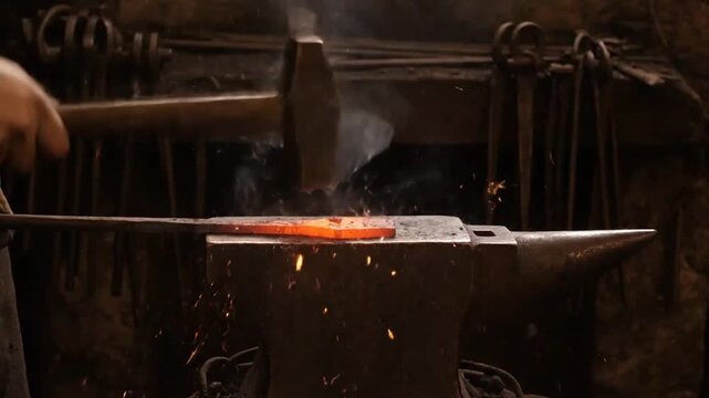 Riveting scene of a blacksmith at the forge crafting a heated blade with anvil and sparks in a traditional workshop.