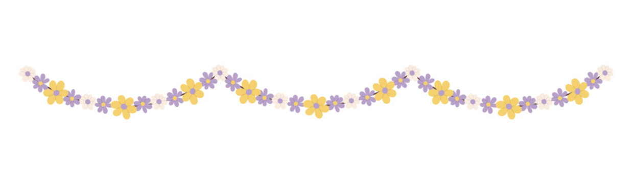 Seamless floral garland border with flowers in soft yellow, lavender and cream colors. Delicate spring vector decoration isolated on white for invitations, cards, branding and web design.