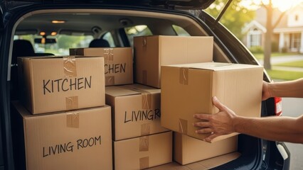 Housing moving checklist concept. Packed car trunk filled with labeled boxes for moving to a new home.
