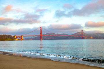 View of Golden Gate Bridge along the coastline in San Francisco