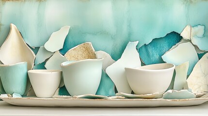 Chipped and discolored ceramic shards arranged on a tray with a watercolor background