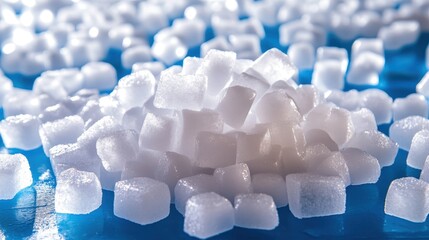 Bulk quantities of small white dry ice pellets used for ultra cold applications sit piled together