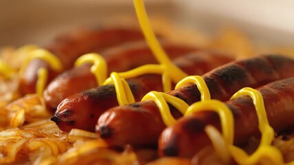 Grilled hot dogs with mustard drizzle. These delicious hot dogs are perfectly grilled and topped with tangy mustard, making them a must-have for summer barbecues and picnics. Enjoy this classic favori