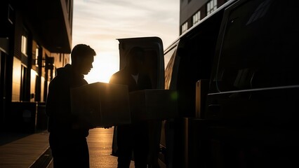 Housing moving checklist concept. Silhouettes of two people unloading boxes from a van at sunset.