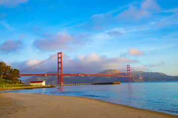 View of Golden Gate Bridge along the coastline in San Francisco