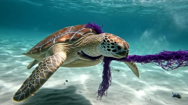 Sea turtle entangled in purple net