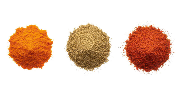 A vibrant trio of ground spices: turmeric, white pepper, and paprika for culinary use isolated on transparent background