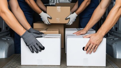 Housing moving checklist concept. Workers unloading boxes from a delivery van, showcasing teamwork and logistics.