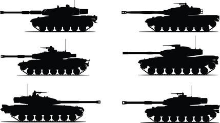 Set of modern main battle tank silhouettes in multiple side views, armored military vehicles isolated on white background for defense, warfare, and security design concepts © Kseniia Dizdar