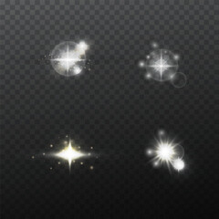 Set of glowing light bursts with sparkles, lens flares, explosions. Glare radiance effect, Glow special effect light. Sun, stars lights