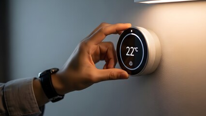 A person adjusts the temperature on a modern thermostat mounted on a wall.