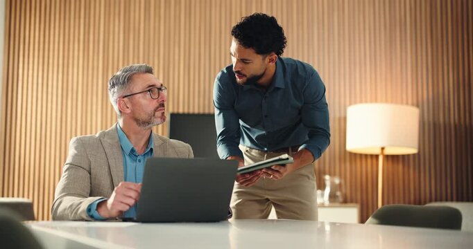 Business, people and meeting with tablet in office for research, real estate and market trends. Men, team and talking with tech for planning, rental comparison and information for viewing opportunity