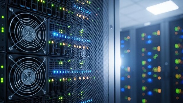 Detailed close-up of a high-tech server rack in an advanced data center - Powered by Adobe