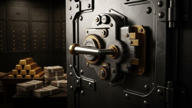 Detailed close-up of a metallic safe door, representing financial security - Powered by Adobe