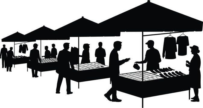 Street market silhouettes with vendors and customers shopping at outdoor stalls under canopies, traditional bazaar scene isolated on white background for commerce and lifestyle concepts