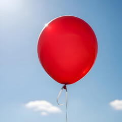 Vibrant Red Balloon Floating in Clear Blue Sky with White Clouds and Sunlight
