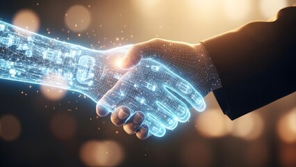A futuristic handshake between human and digital entity in a dark, illuminated environment