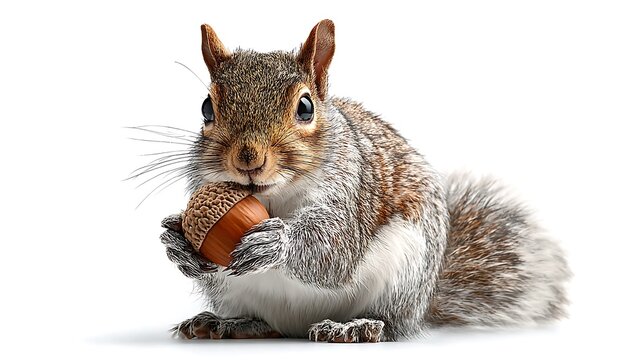 A squirrel holding an acorn isolated on the white background 