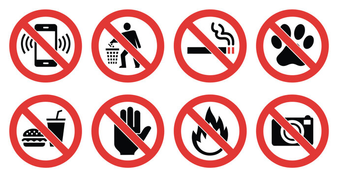 Prohibited vector icon collection including no cell phone, no littering, no smoking, no pets, no eating and drinking, do not touch, no fire, and no photography signs, ideal for warning signs