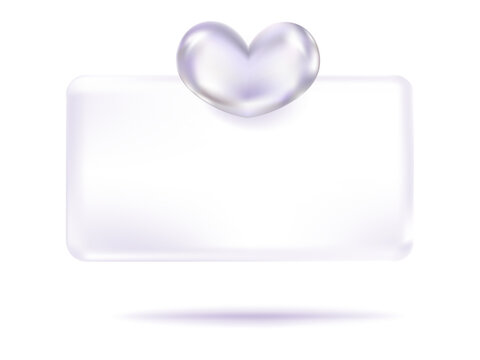 Holographic metallic heart in Transparency Glassmorphism notification pop up window isolated background. 3d vector rendering.