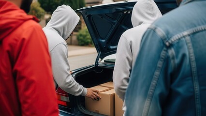 Housing moving checklist concept. Individuals with hoodies loading boxes into a car trunk on a street.
