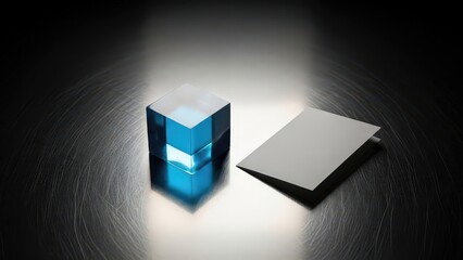 Blue translucent resin cube with card on metallic surface