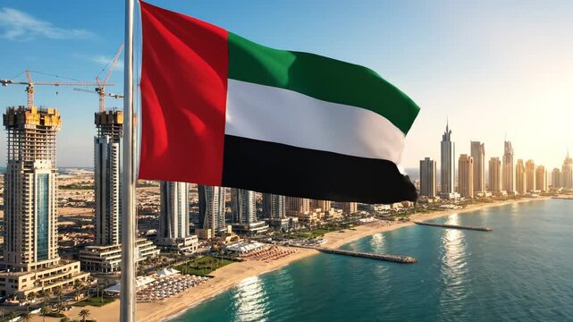 UAE flag waving over city skyline