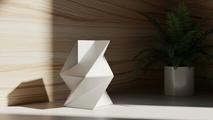Minimalist workspace with geometric white sculpture and natural light copy space