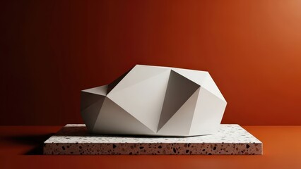 Modern white geometric sculpture on terrazzo pedestal