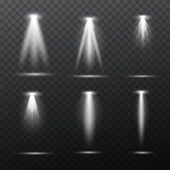 Vector light effects set. Light sources studio lighting, walls. Glowing light effect with white rays, light beams.