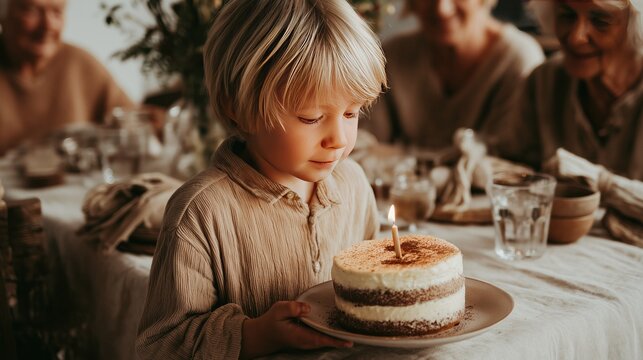 Cozy Family Dinner with a Child Holding a Cake with a Candle