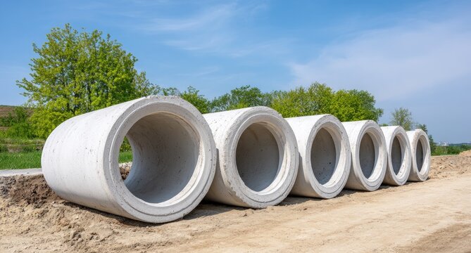 Several large, precast concrete pipes lie on a construction site
