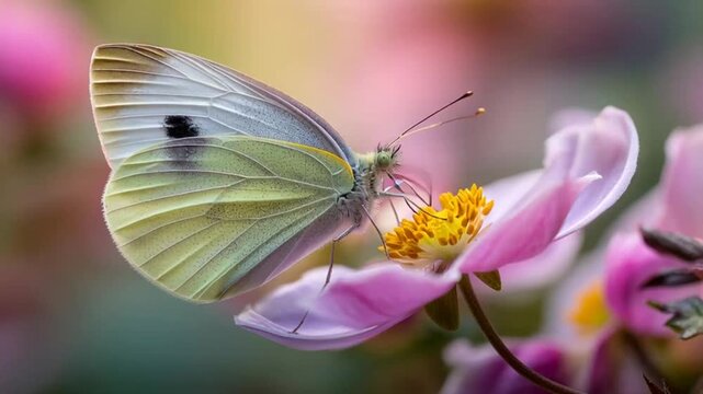 A delicate white butterfly perched on a vibrant pink flower in a sunny macro footage scene
