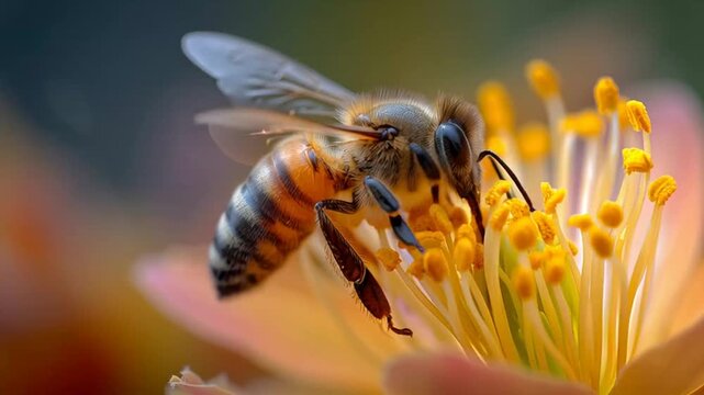 Macro footage of a bee collecting pollen from a vibrant yellow flower
