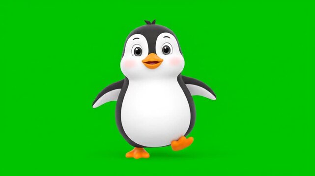 Playful cartoon penguin character standing on a bright green background.
