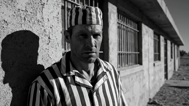 Man in striped prison uniform near building