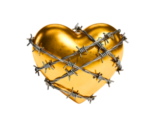 A symbolic depiction of a beautiful golden heart restricted by sharp barbed wire isolated on transparent background