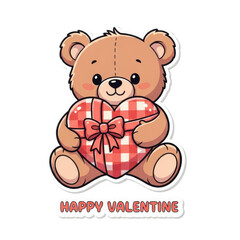 Obraz premium Cute brown teddy bear holding red heart shaped gift box with bow on valentines day isolated on transparent background