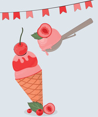 Illustration Ice Cream at Strawberry Taste and Ice Cream Scoop