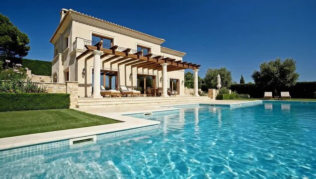Luxurious villa with pool and patio area on sunny day with clear blue sky and green lawn
